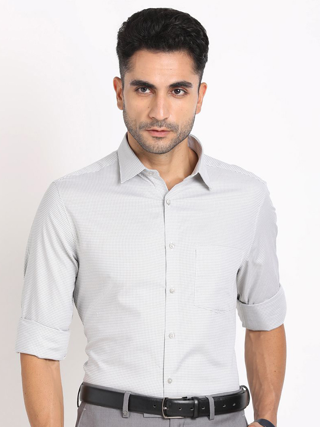 

Turtle Men Standard Spread Collar Textured Cotton Slim Fit Formal Shirt, Grey