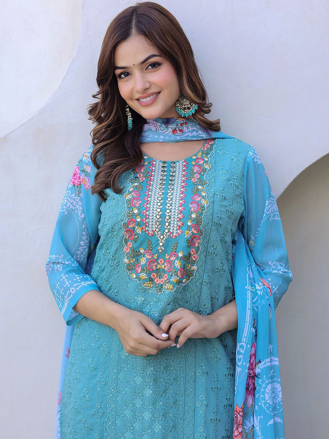 

Anouk Turquoise Blue Floral Embroidered Regular Georgette Kurta With Trouser & Dupatta