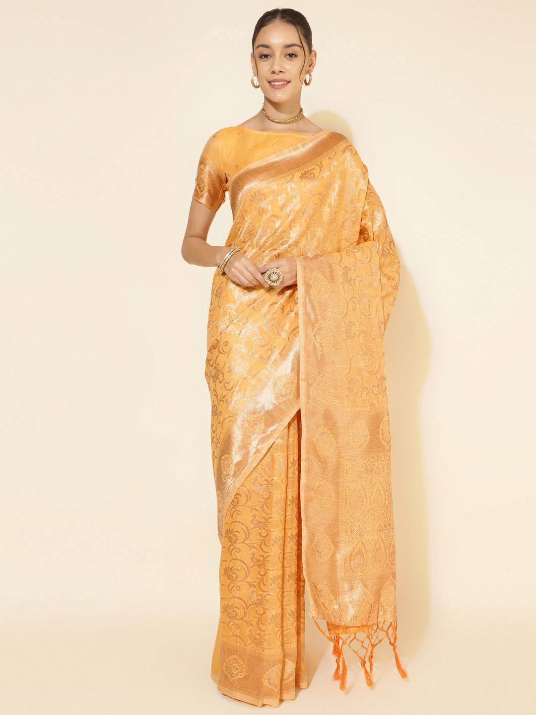 

KALINI Ethnic Motifs Silk Blend Chanderi Saree, Yellow