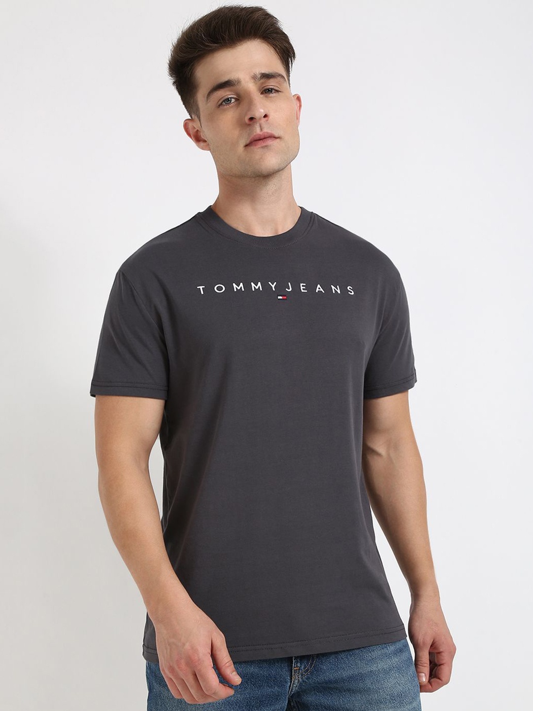

Tommy Hilfiger Men fashion Self Design Typography Embroidered Cotton Casual T-shirt, Charcoal