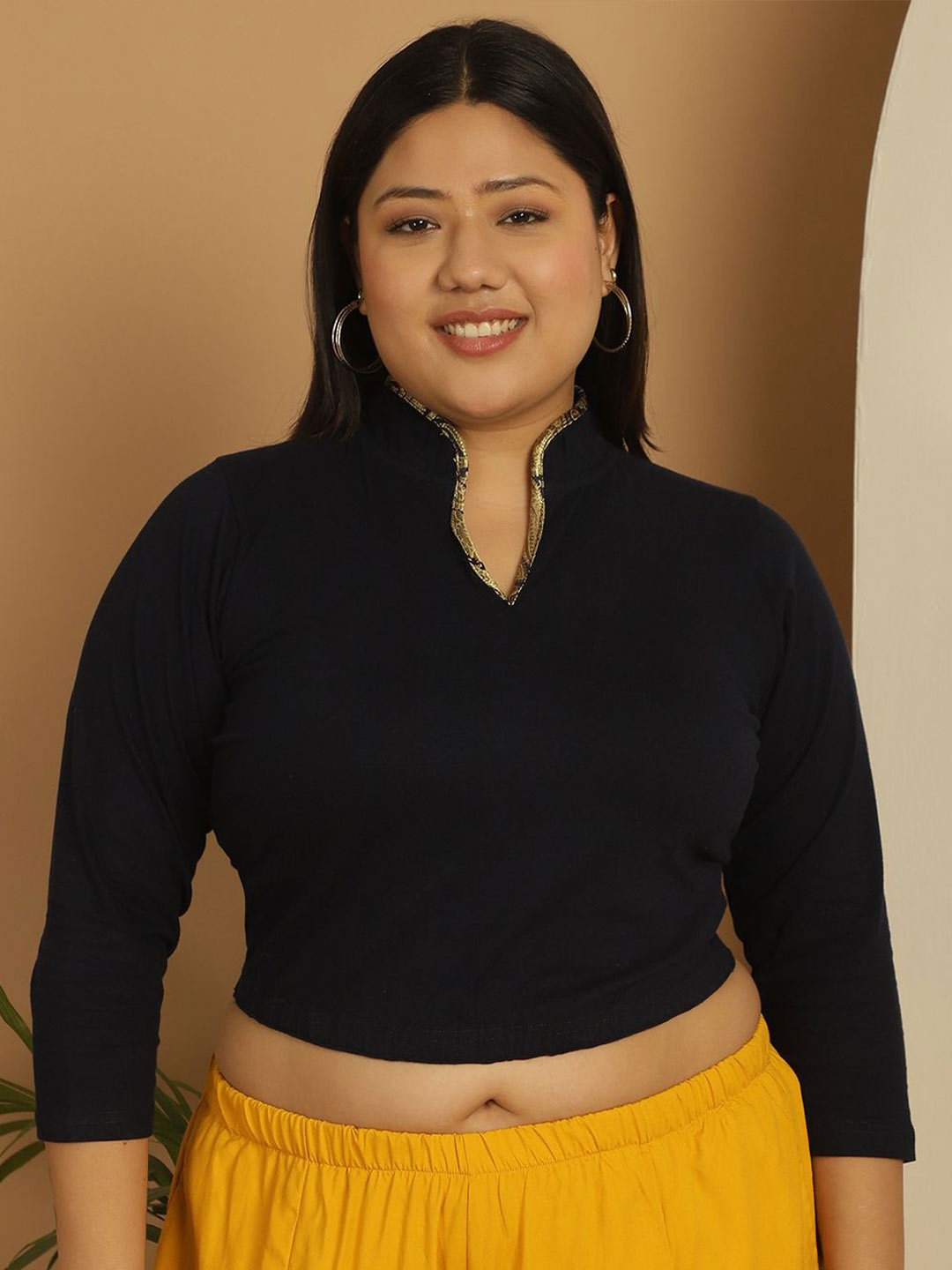 

theRebelinme Women Plus size Cotton Blouson Crop Top, Navy blue