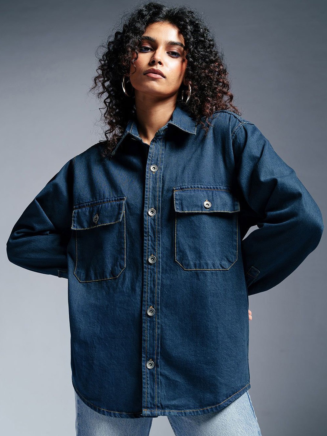 

FREAKINS Women Spread Collar Washed Solid Casual Denim Jacket, Navy blue