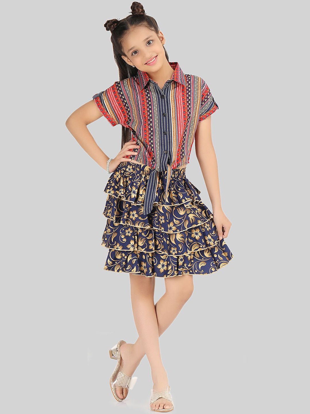 

BEING NAUGHTY Girls Shirt Collar Printed Shirt With Skirt, Blue