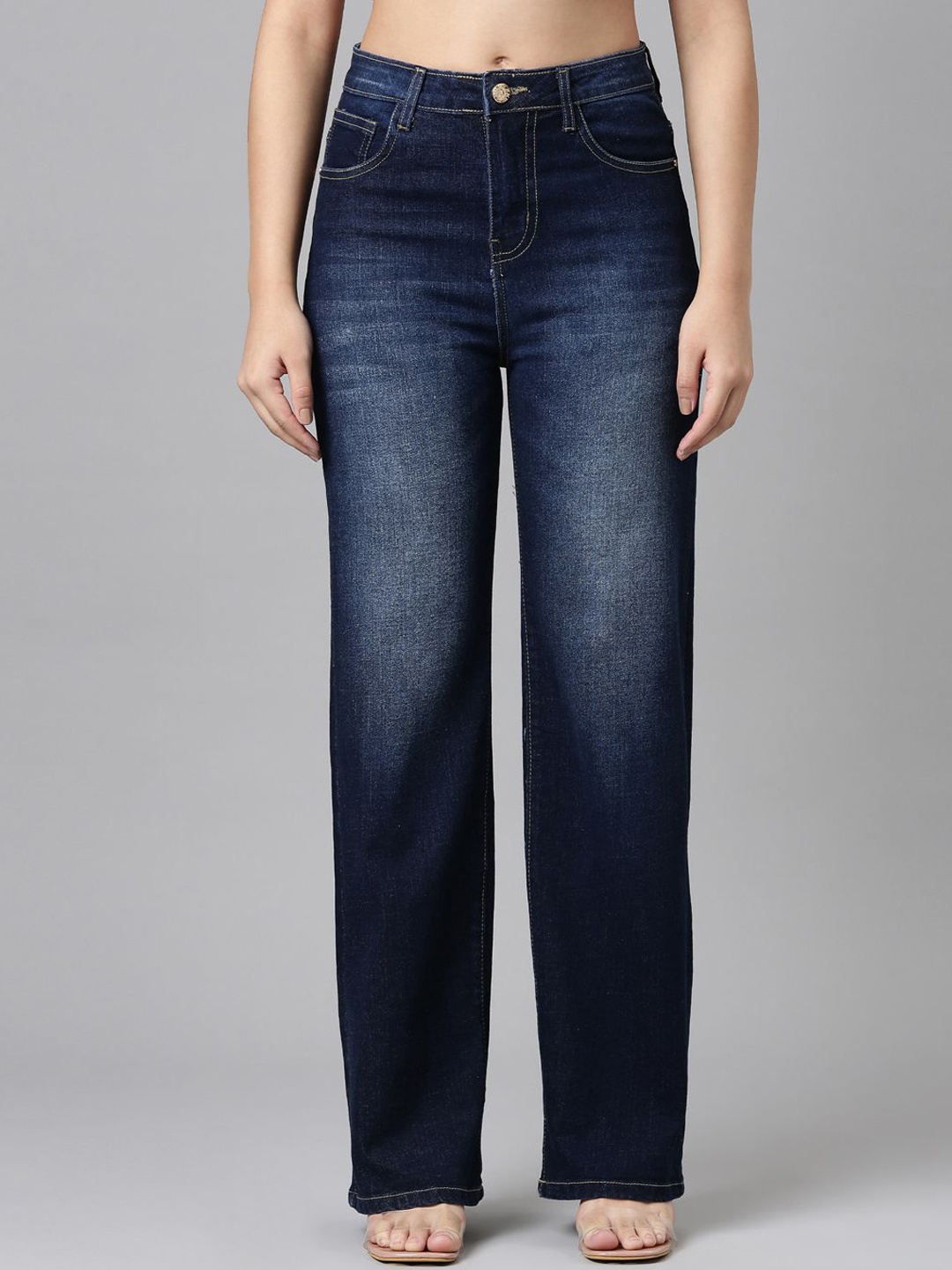 

ZHEIA Women Straight Fit High-Rise Light Fade Stretchable Jeans, Blue