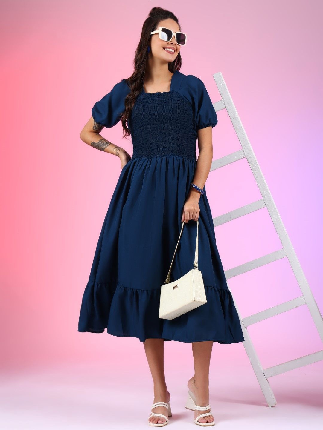

Raiyani Enterprise Women Square Neck Fit & Flare Midi Dress, Blue