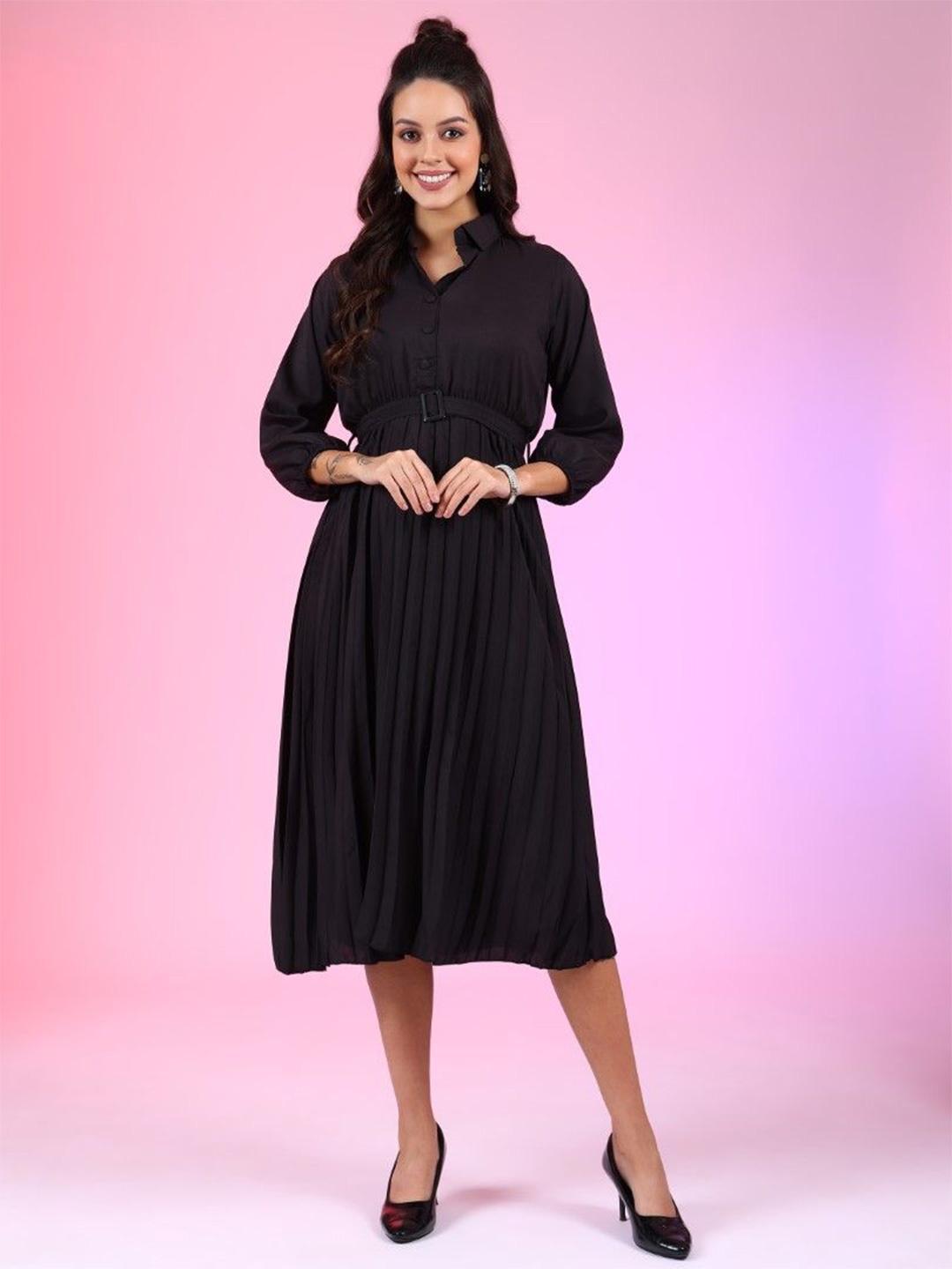 

Raiyani Enterprise Women Shirt Collar Fit & Flare Midi Dress, Black