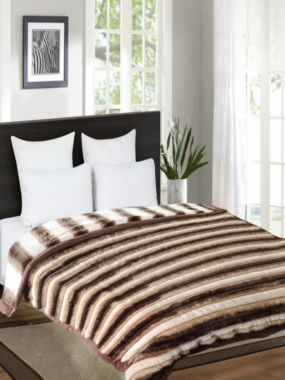 Signature Coffee Brown Striped Heavy Winter 450 GSM Double Bed Blanket