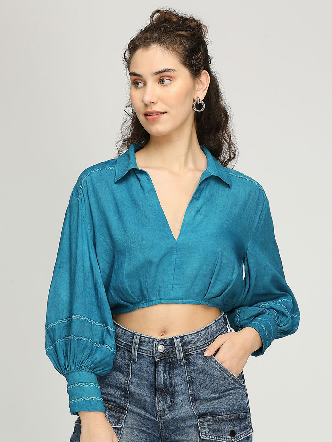 

IZEL Cotton Shirt Style Crop Top, Blue