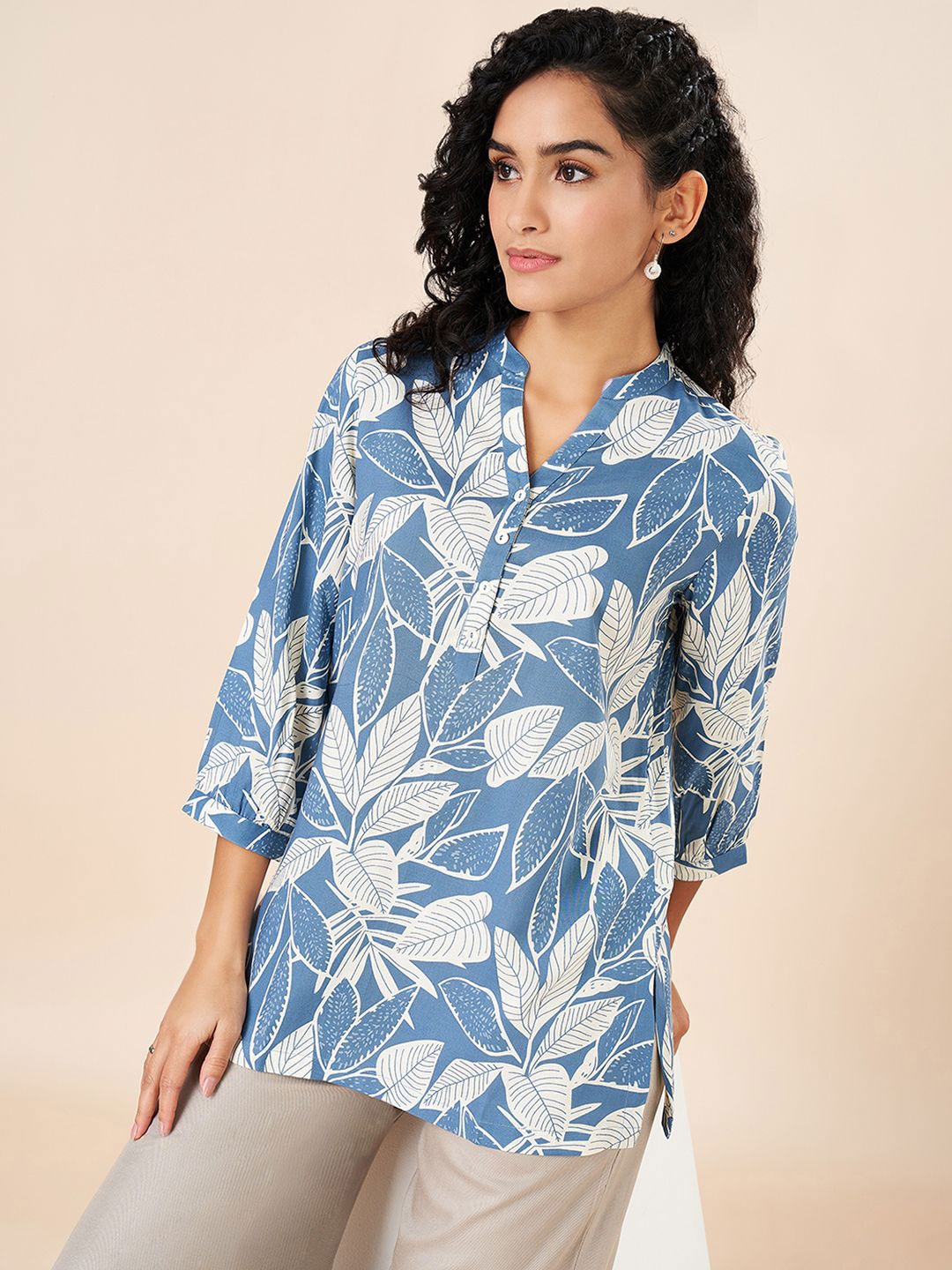 

AKKRITI BY PANTALOONS Modal Mandarin Collar Printed Tunic, Blue