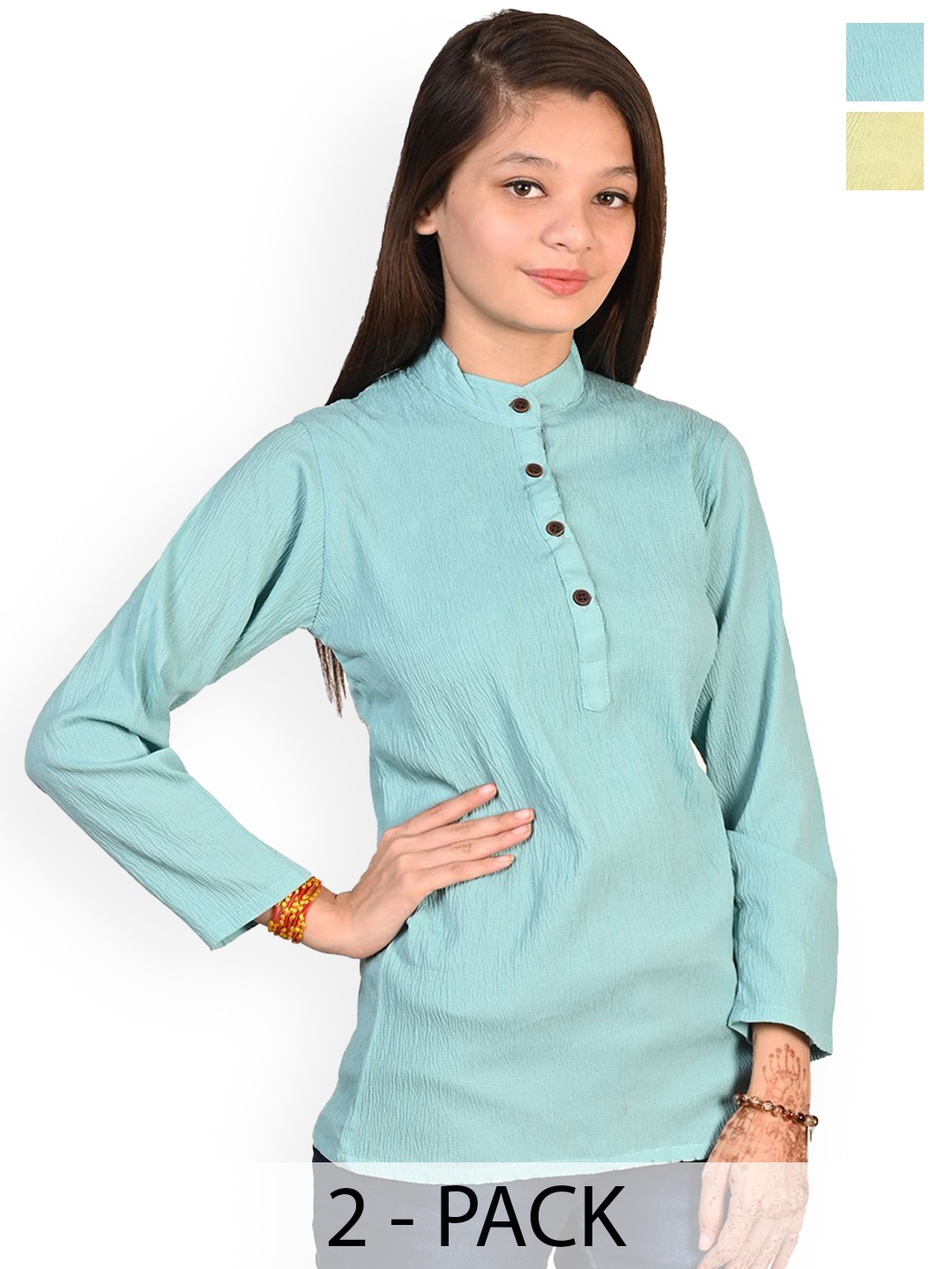 

BAESD Girls Pack Of 2 Band Collar Long Sleeves Kurtas, Blue