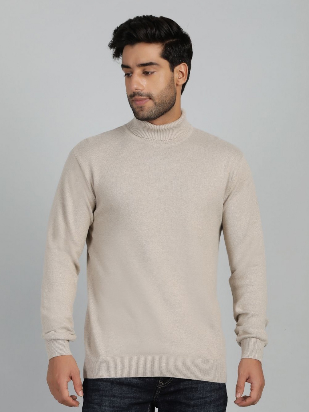 

JADE BLUE Men Solid Pure Cotton Slim Fit Sweater, Beige