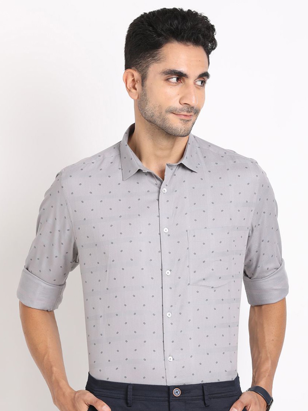 

Turtle Men Standard Spread Collar Micro Ditsy Printed Cotton Formal Shirt, Grey