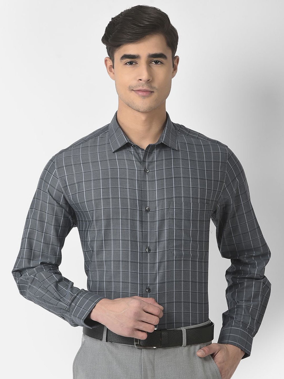 

Turtle Men Standard Spread Collar Tartan Checked Cotton Slim Fit Formal Shirt, Grey