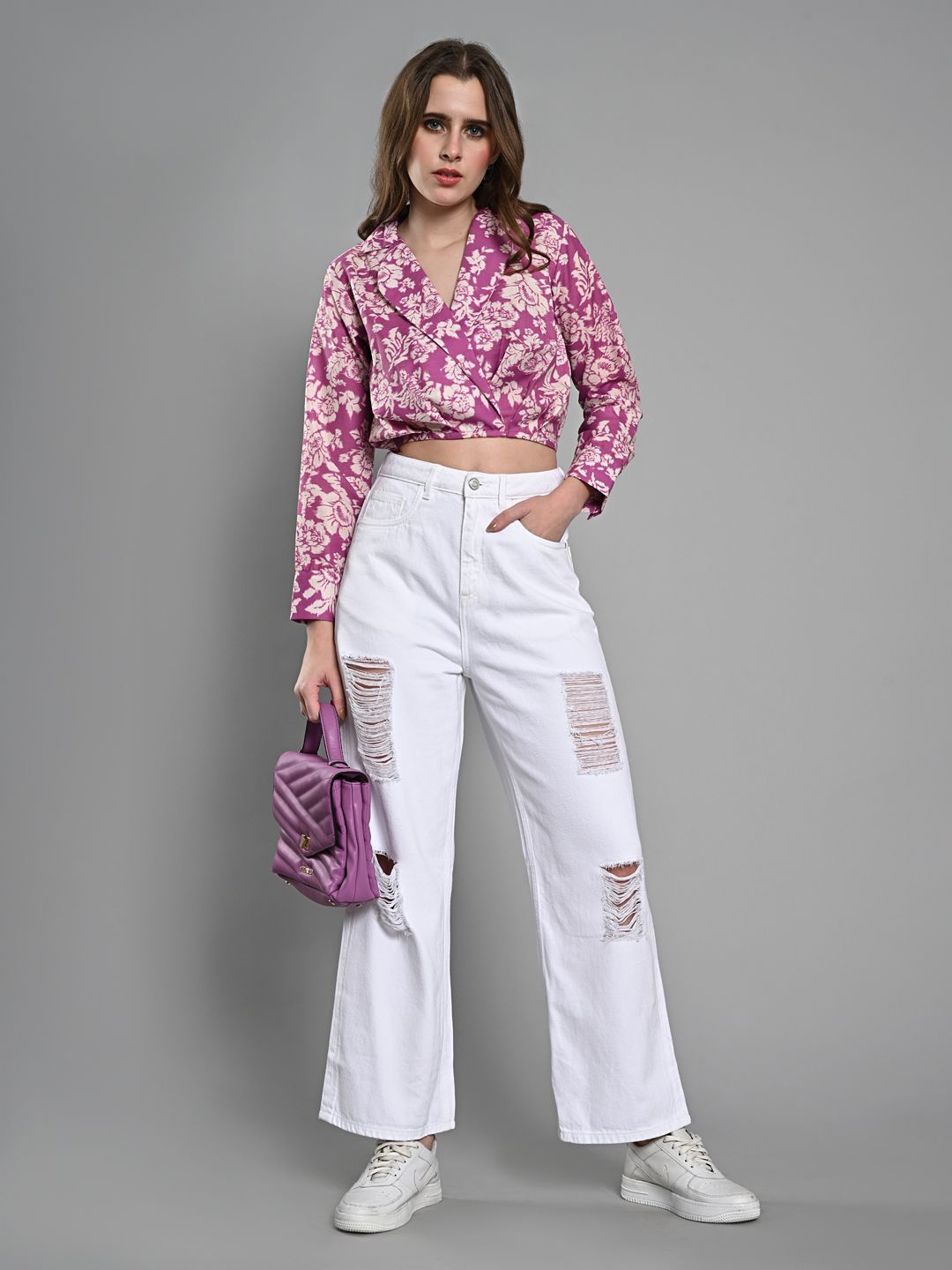 

IZEL Floral Print Shirt Style Crop Top, Violet