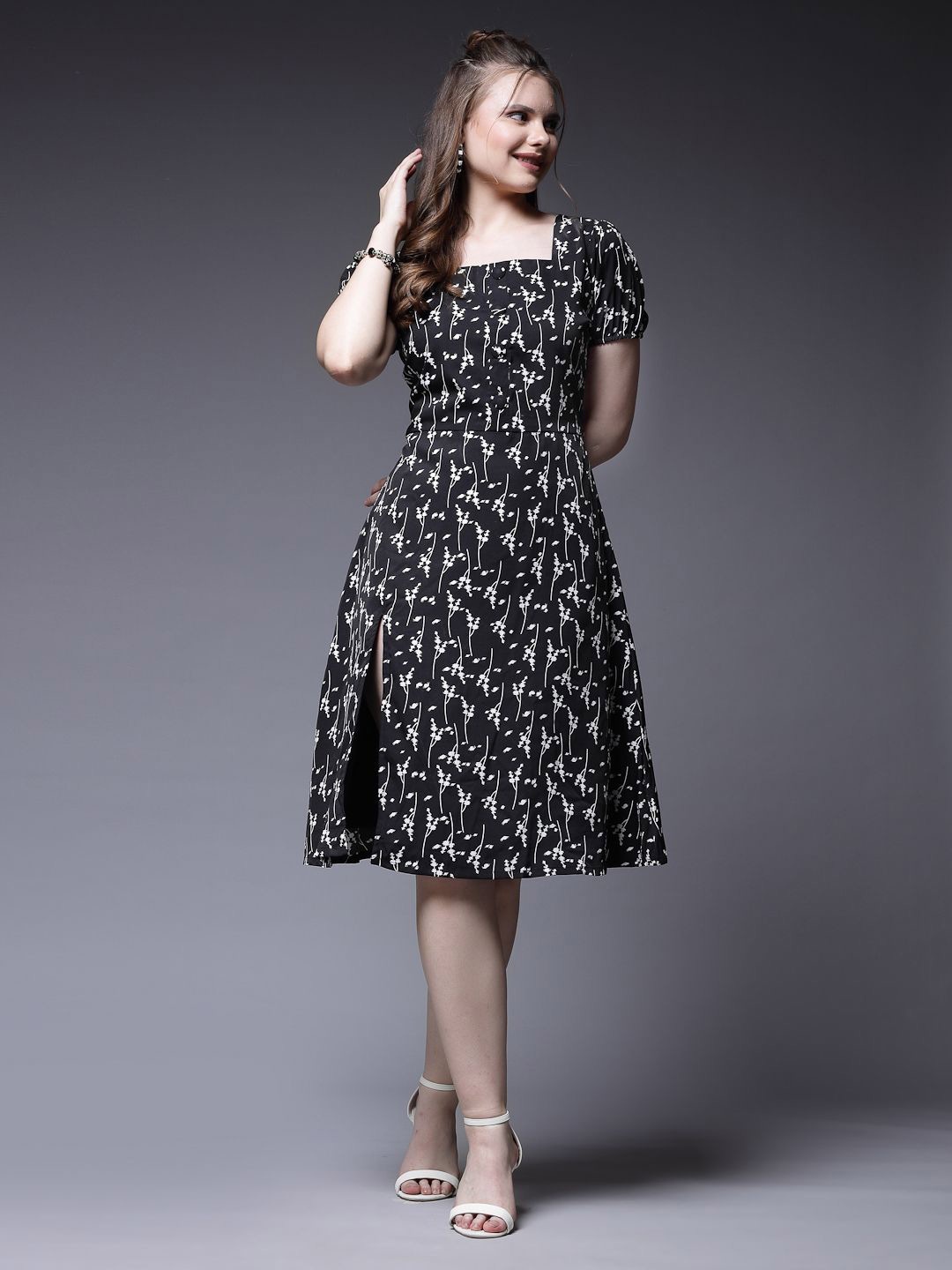 

BEING NAUGHTY Women Printed Puff Sleeve A-Line Dress, Black