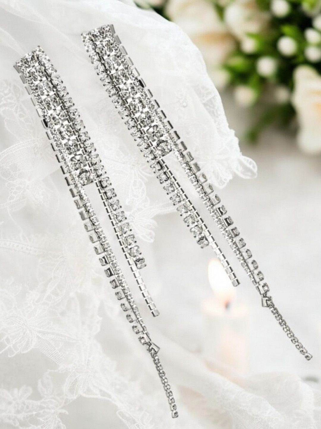 

DressBerry Silver-Toned Crystals Studded Geometric Drop Earrings