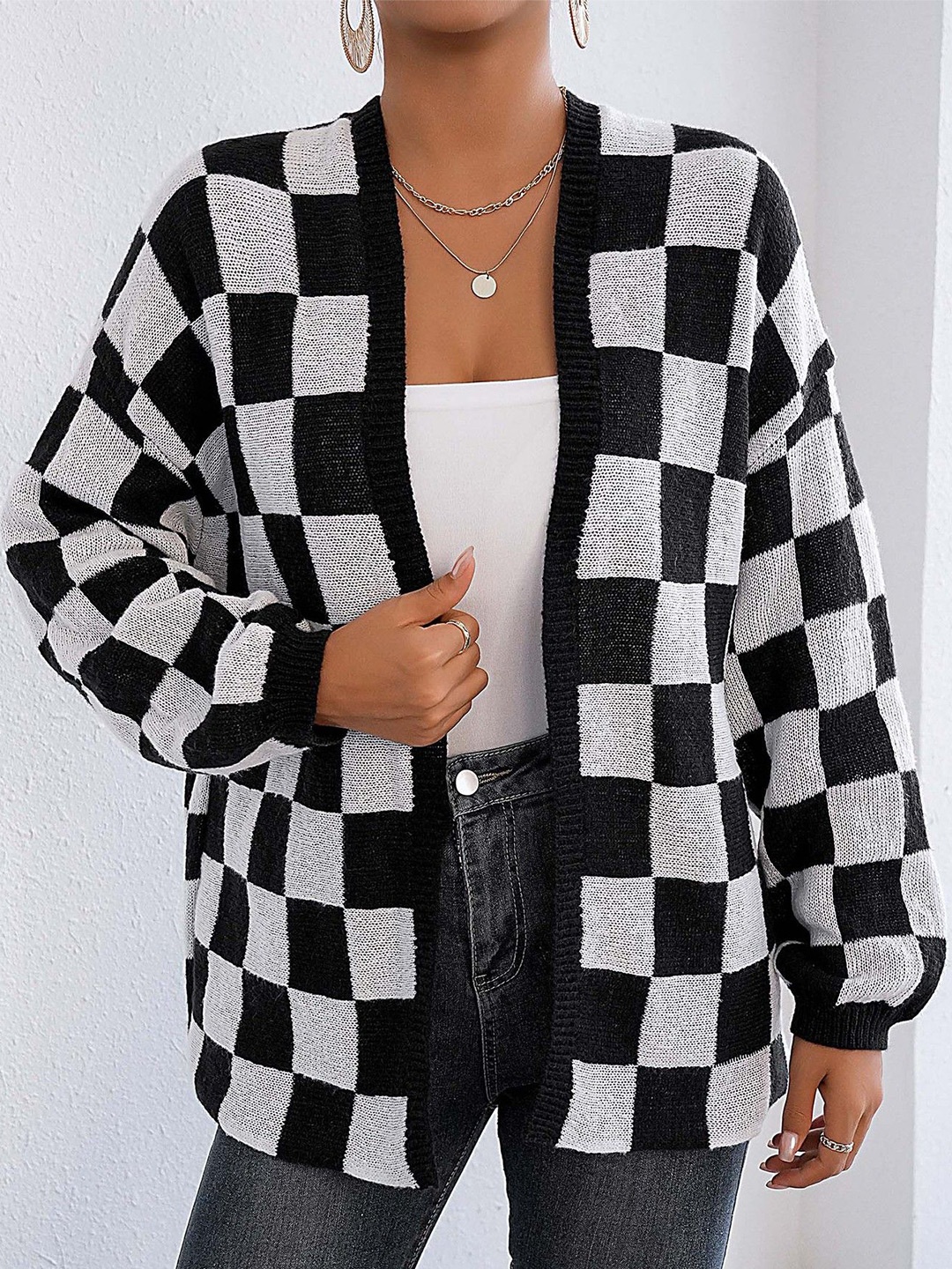 

StyleCast Women Checked Cardigan, Black
