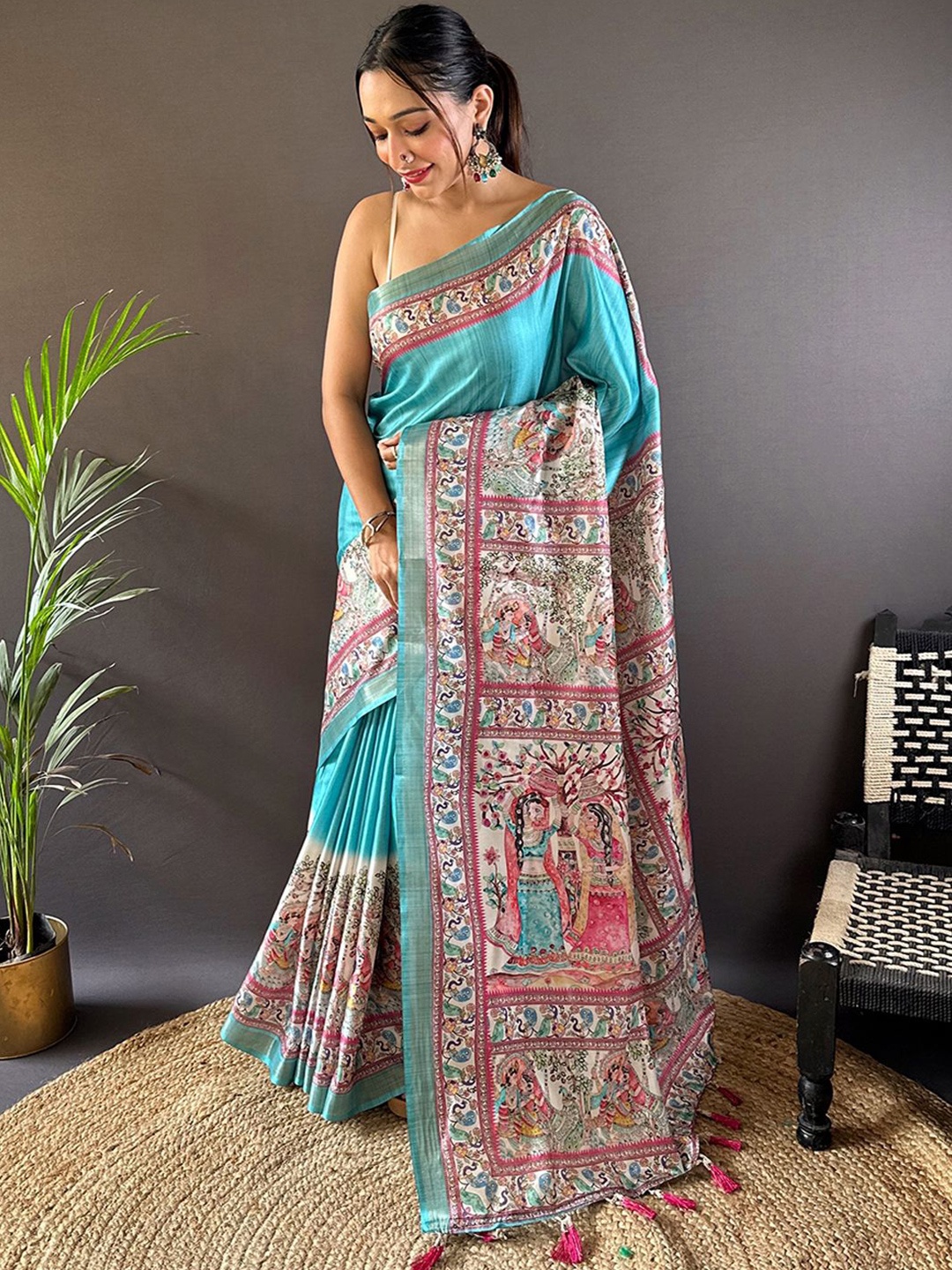 

Panzora Embellished Zari Silk Blend Designer Tussar Saree, Blue