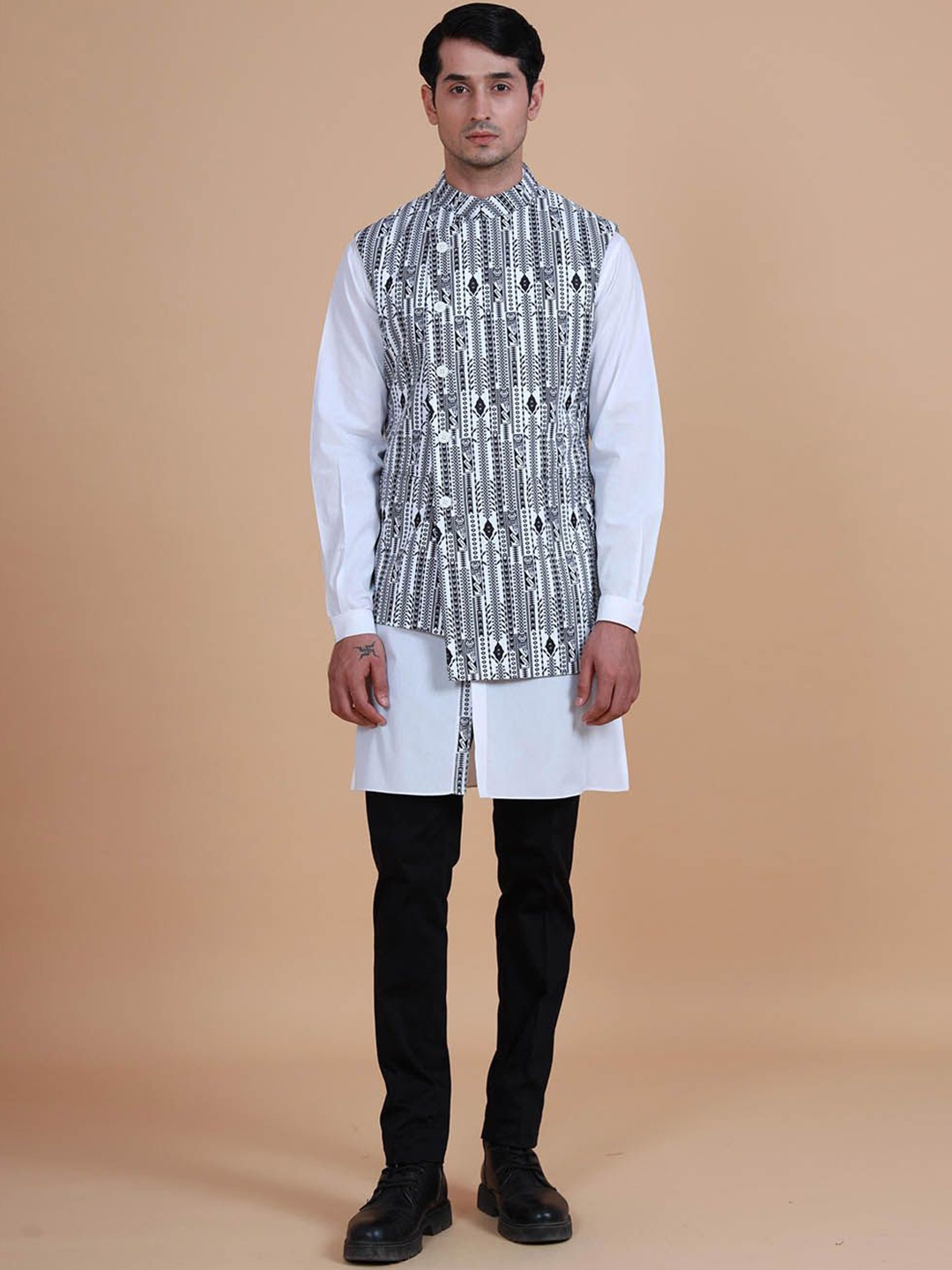 

RR Blue Printed Mandarin Collar Nehru Jacket, White