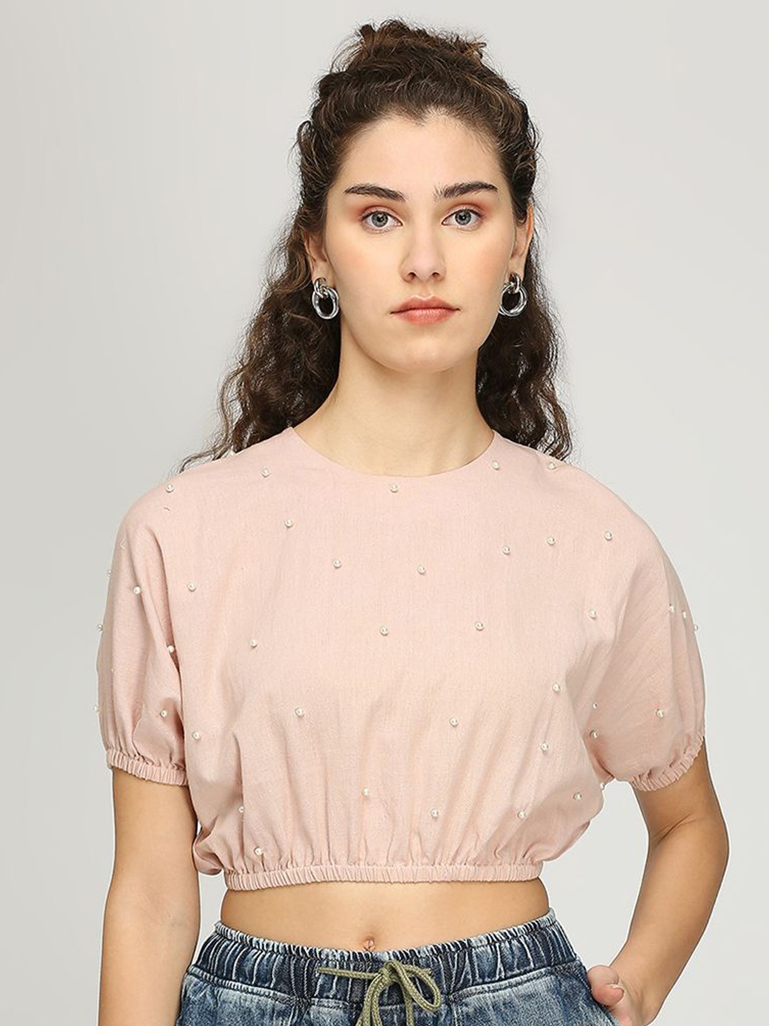 

IZEL Women Embellished Cotton Puff Sleeve Blouson Crop Top, Pink