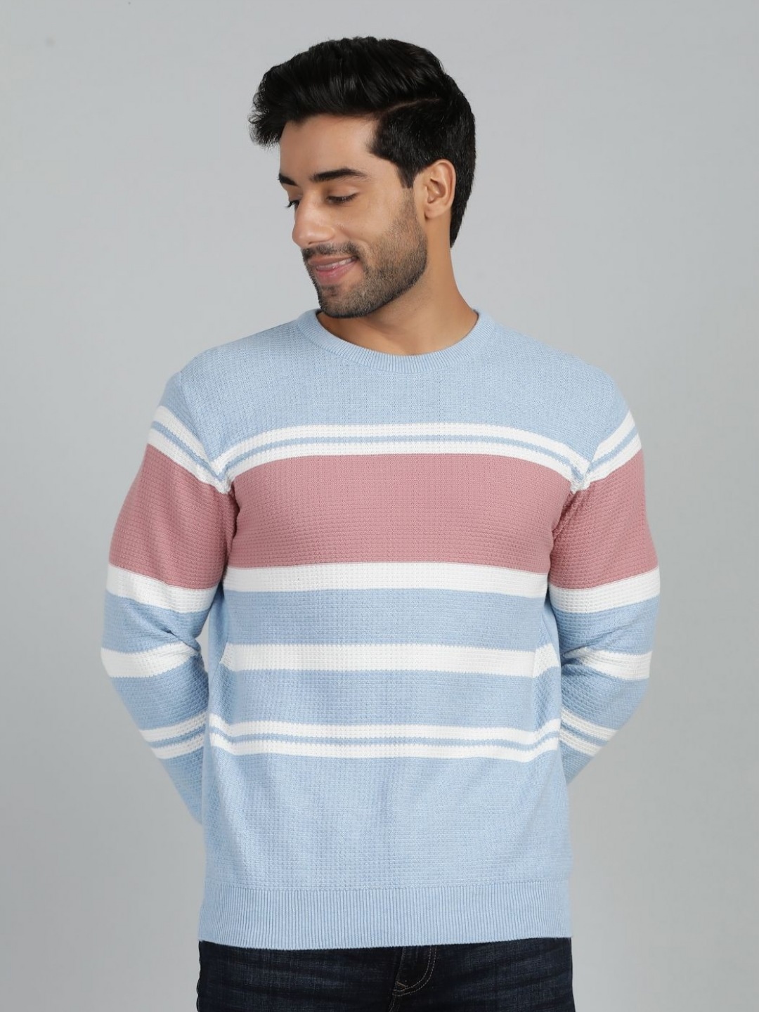 

JADE BLUE Men Striped Pure Cotton Slim Fit Sweater