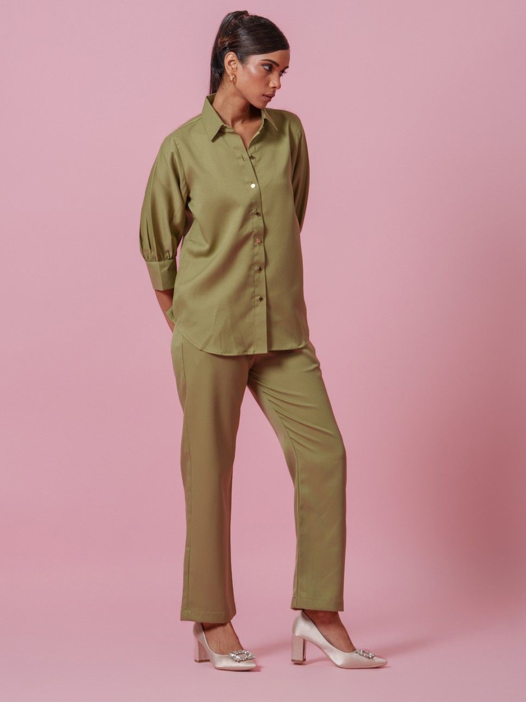 

KINA Shirt Collar Three-Quarter Sleeves Shirt With Trouser, Olive