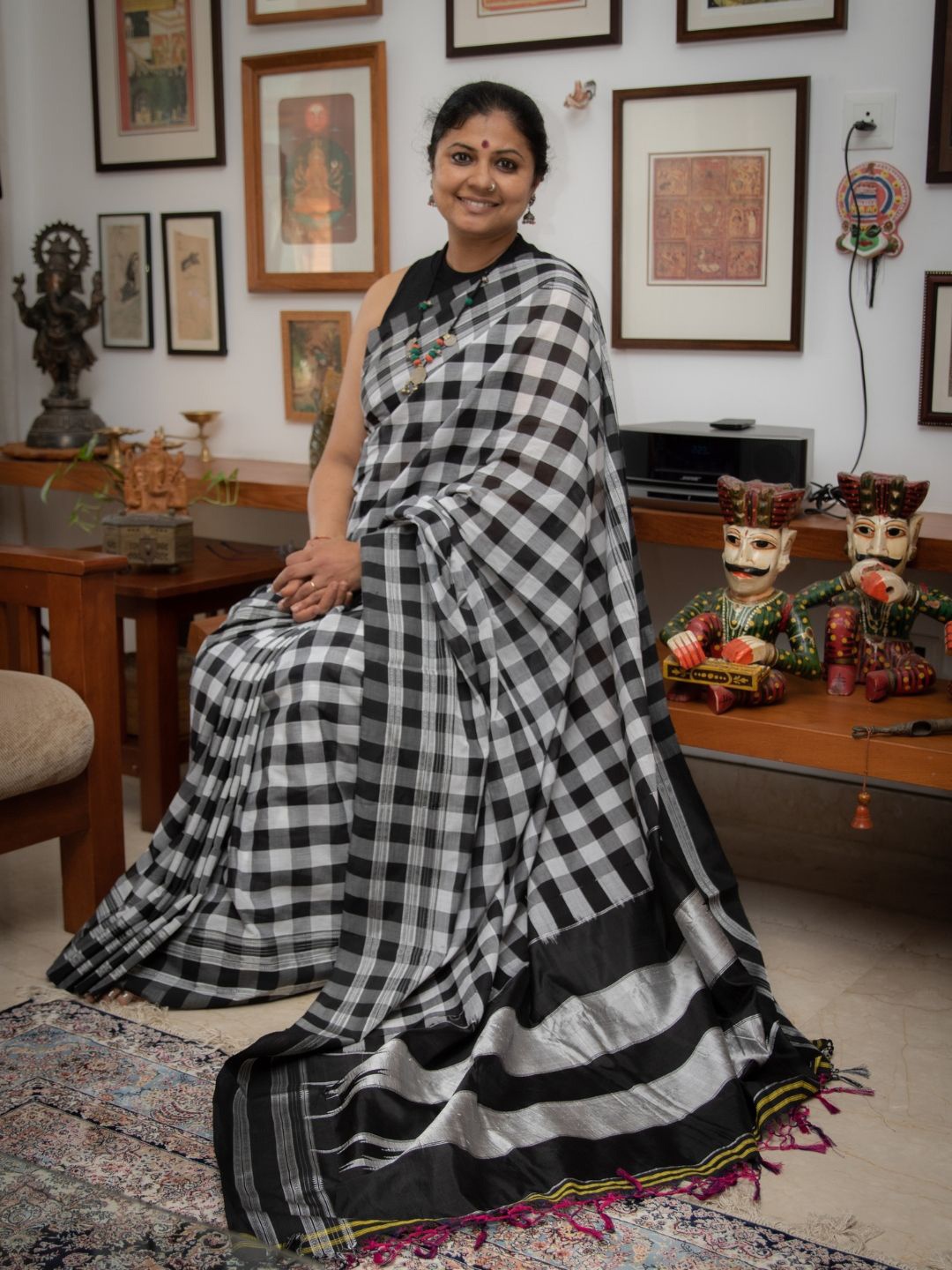 

Indeloom Checked Handloom Ilkal Saree, Black