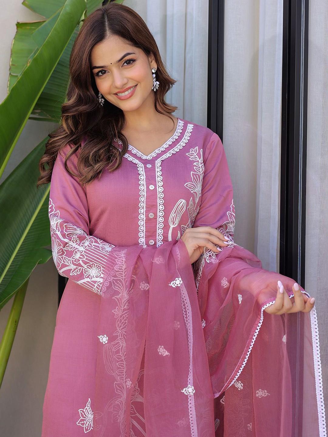 

Anouk Pink Floral Embroidered Regular Pure Silk Kurta With Trouser With Dupatta