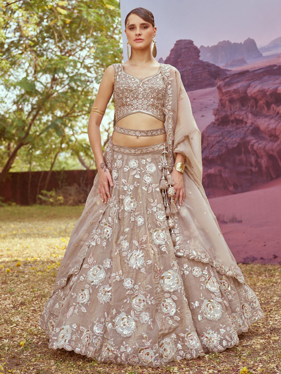 

panchhi Embroidered Beads & Stones Semi-Stitched Lehenga & Unstitched Blouse With Dupatta, Beige