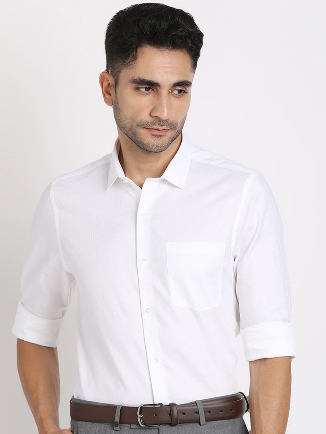 

Turtle Men Standard Spread Collar Solid Cotton Formal Shirt, White