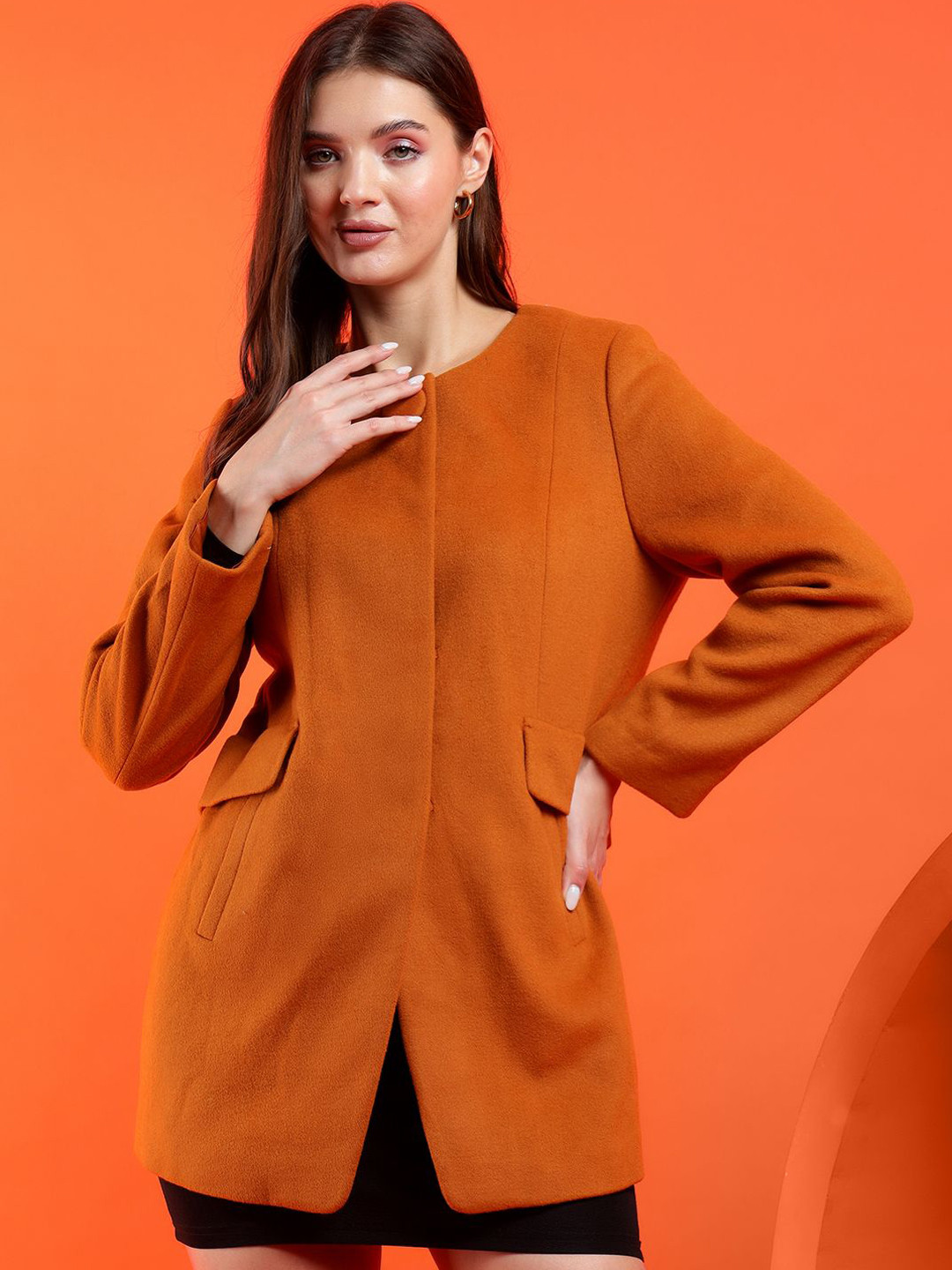 

Stylecast X Kotty Women Solid Single Breasted Overcoat, Orange