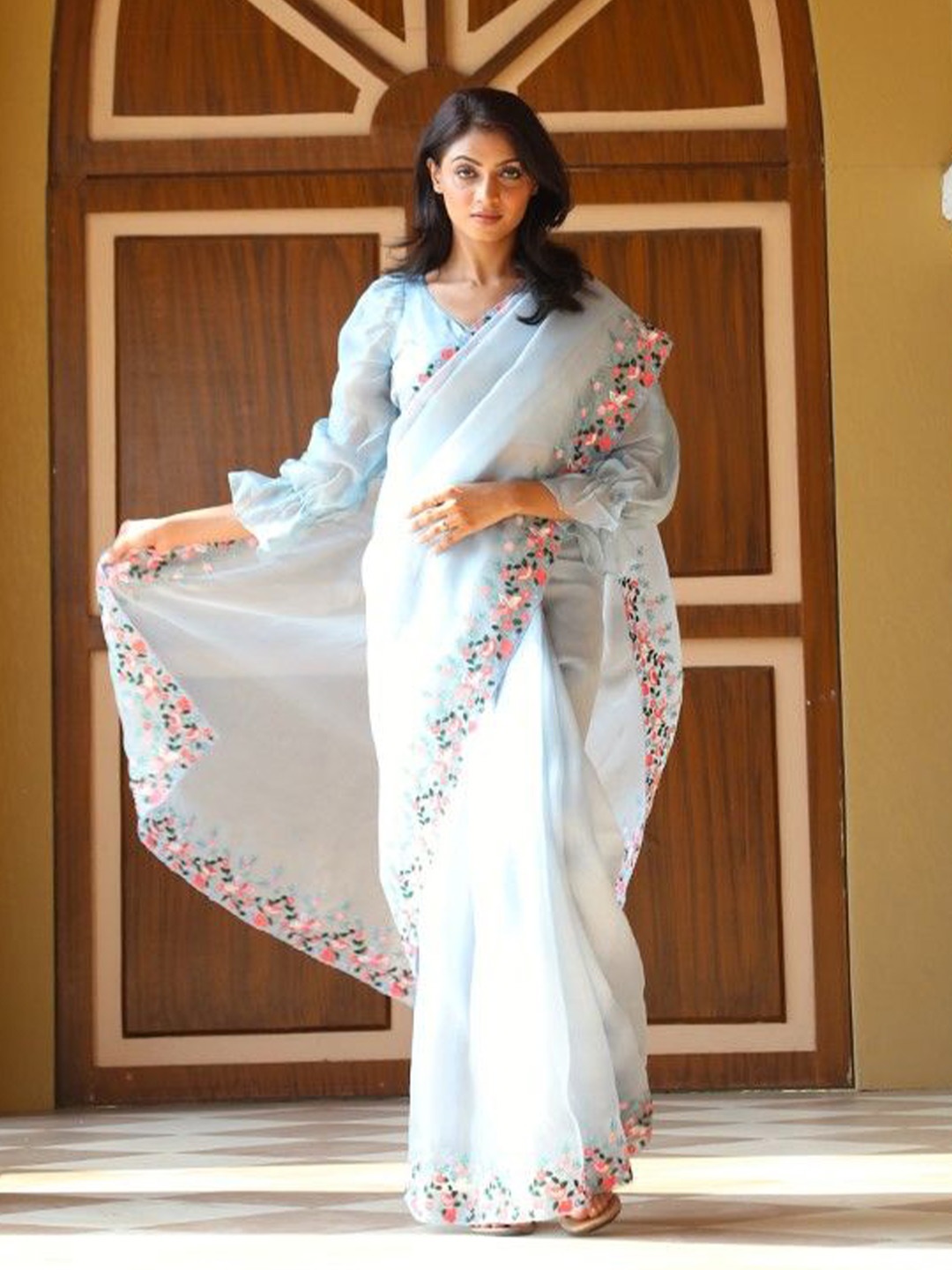 

House of Deepthi Floral Embroidered Saree, Blue