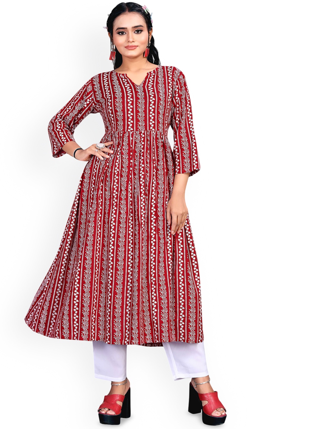 

RUNAYA NX Striped Notch Neck Anarkali Kurta with Trousers, Red