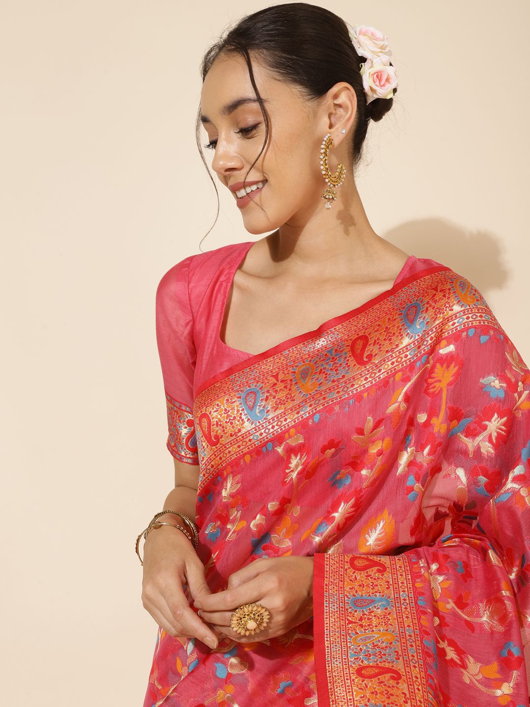 

KALINI Woven Design Zari Silk Blend Saree, Pink