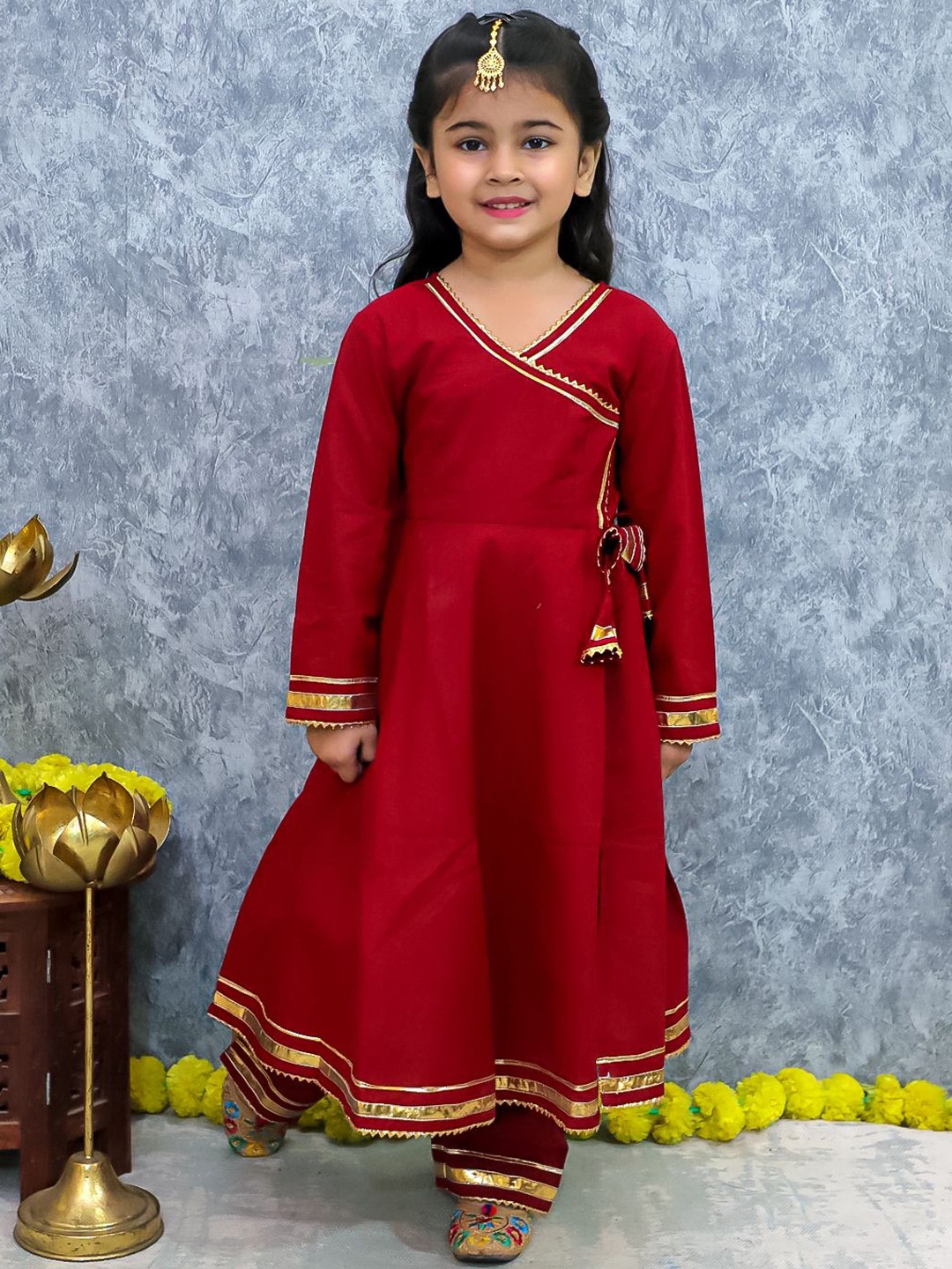 

UNBIND Girls Printed Angrakha Pure Cotton Kurta with Sharara, Red