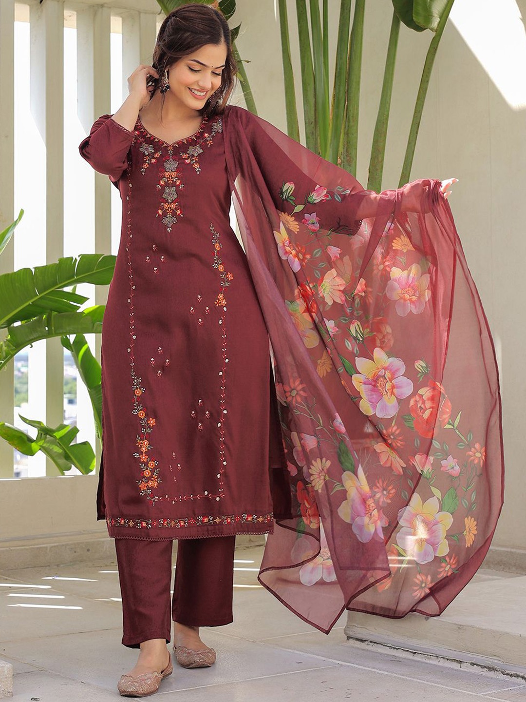 

Anouk Burgundy Floral Embroidered Pure Silk Straight Kurta With Trousers & Dupatta