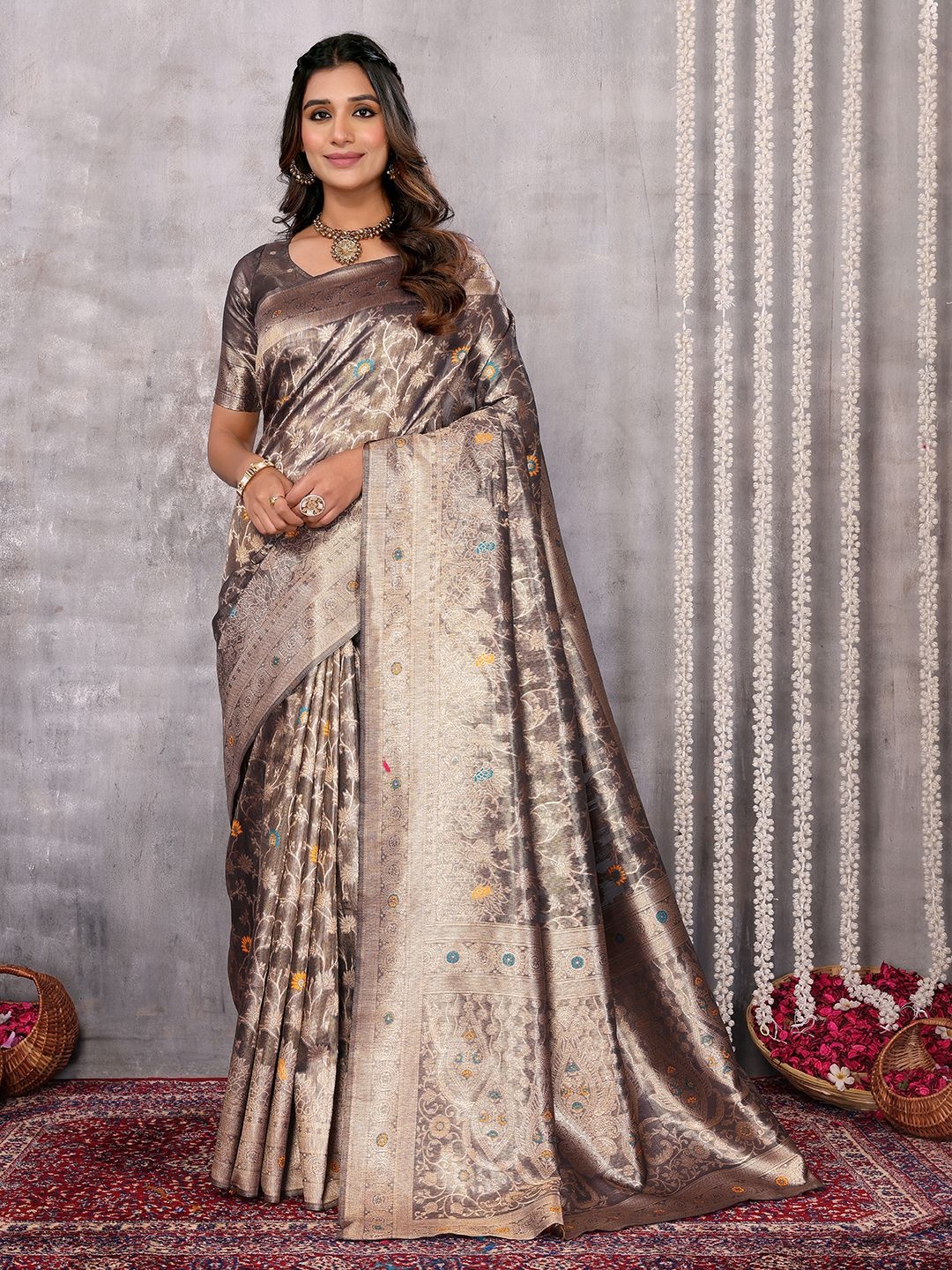 

KALINI Woven Design Zari Banarasi Saree, Grey