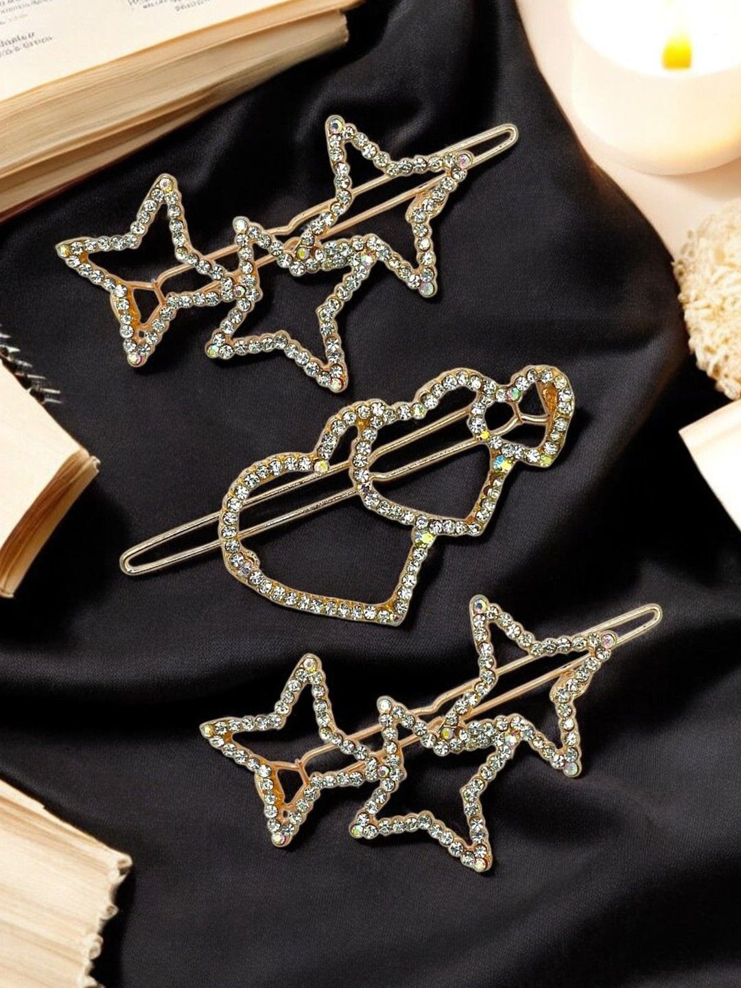 

FEMMIBELLA Women Set of 3 Embellished Zirconia Studded Tic Tac Hair Clip, Gold
