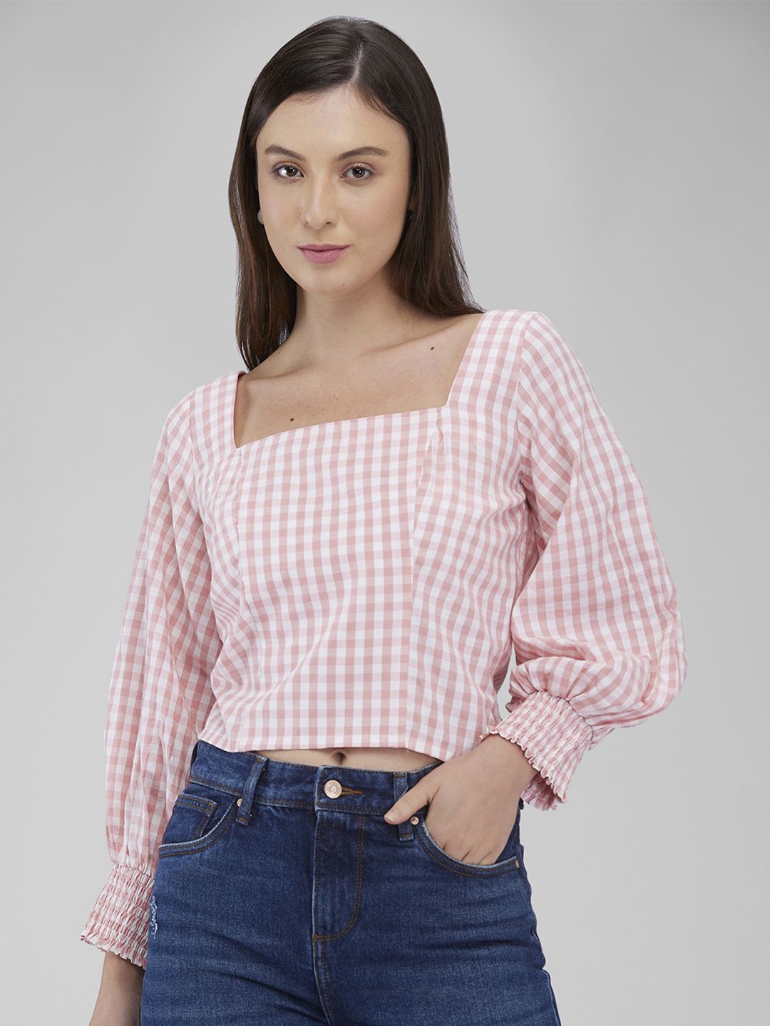 

IZEL Checked Bishop Sleeves Cotton Crop Top, Pink