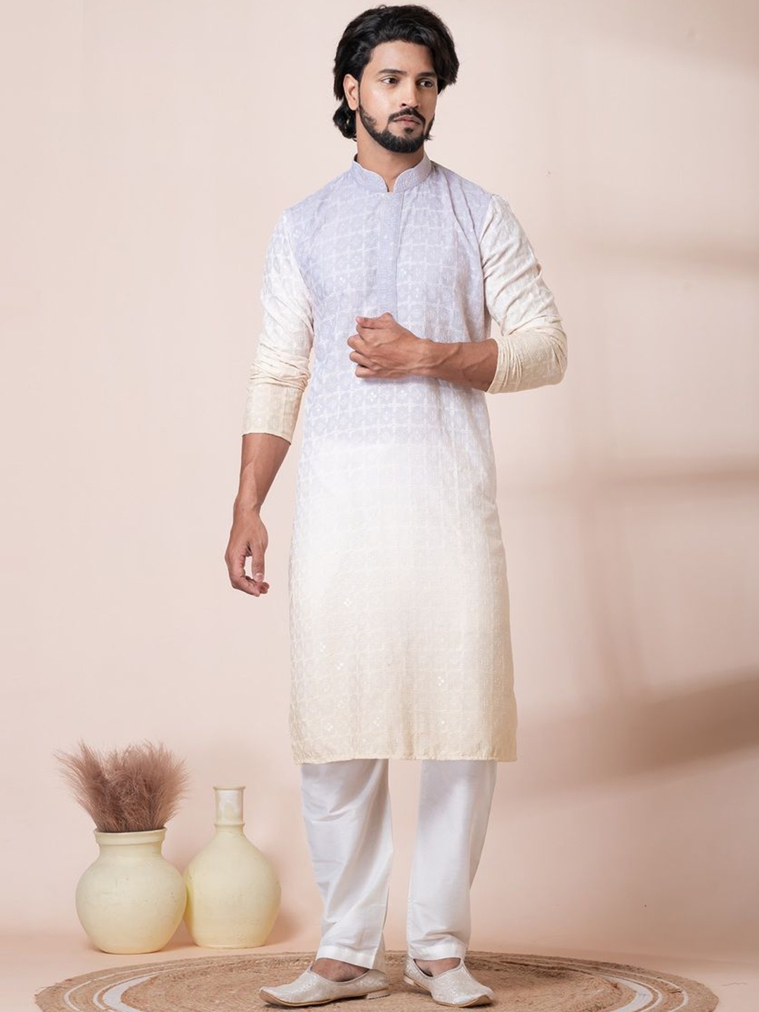 

HU - Handcrafted Uniquely Men Geometric Embroidered Kurta, Yellow