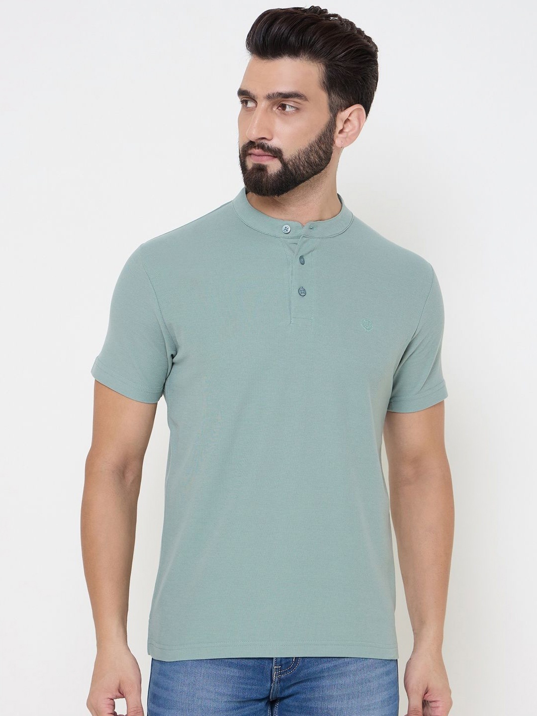 

Duke Men Solid Henley Neck Cotton T-shirt, Sea green