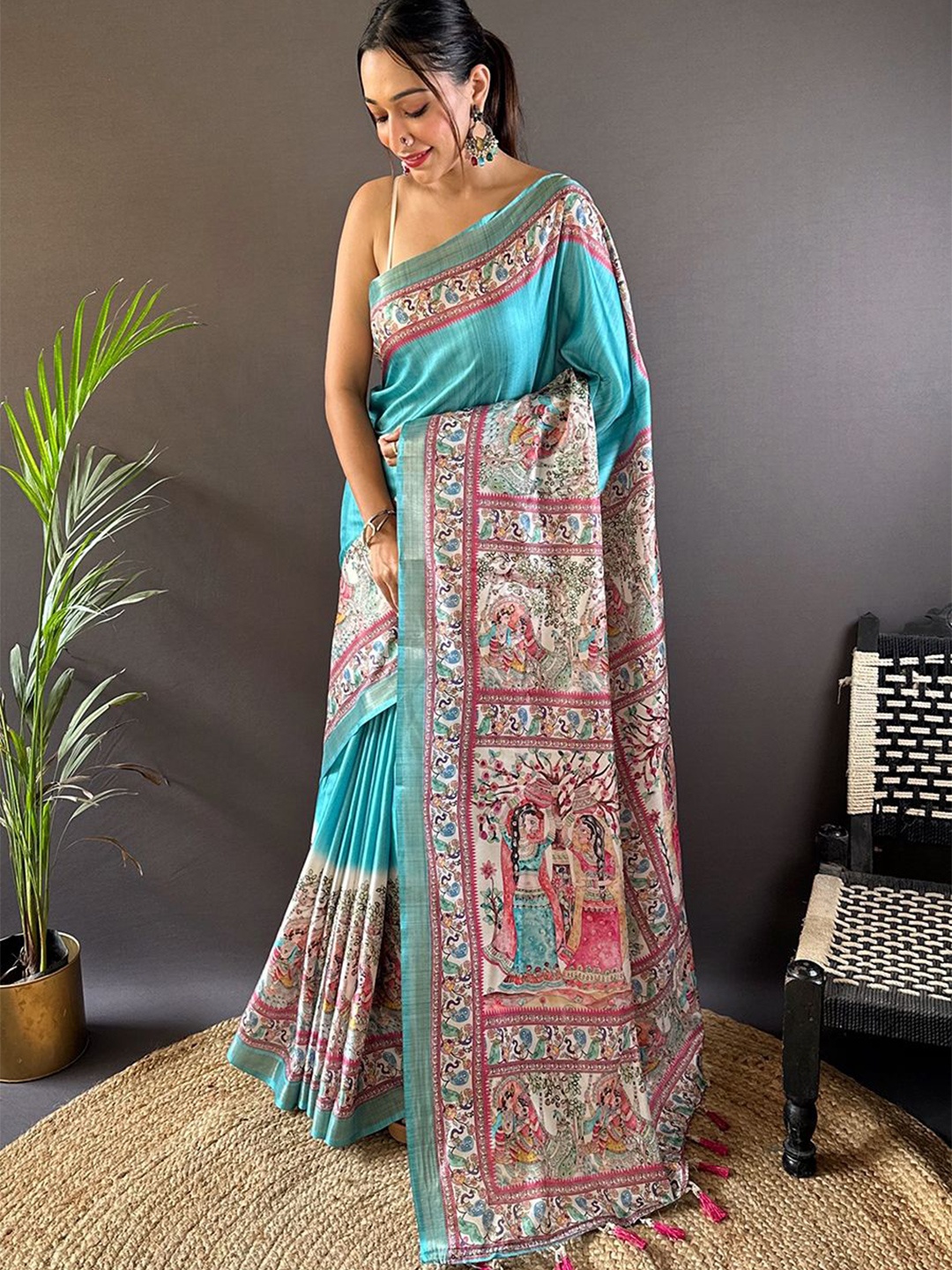 

Kalista Ethnic Motifs Silk Blend Tussar Saree, Sea green