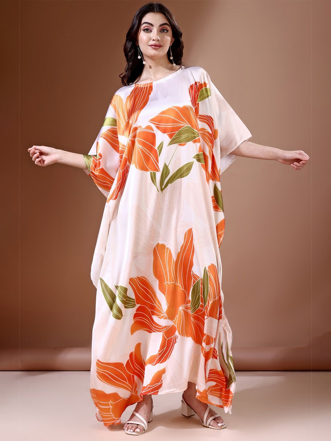 

LABEL AARNA Tangerine Blossom Soft Satin Kaftan with Digital Print, Orange