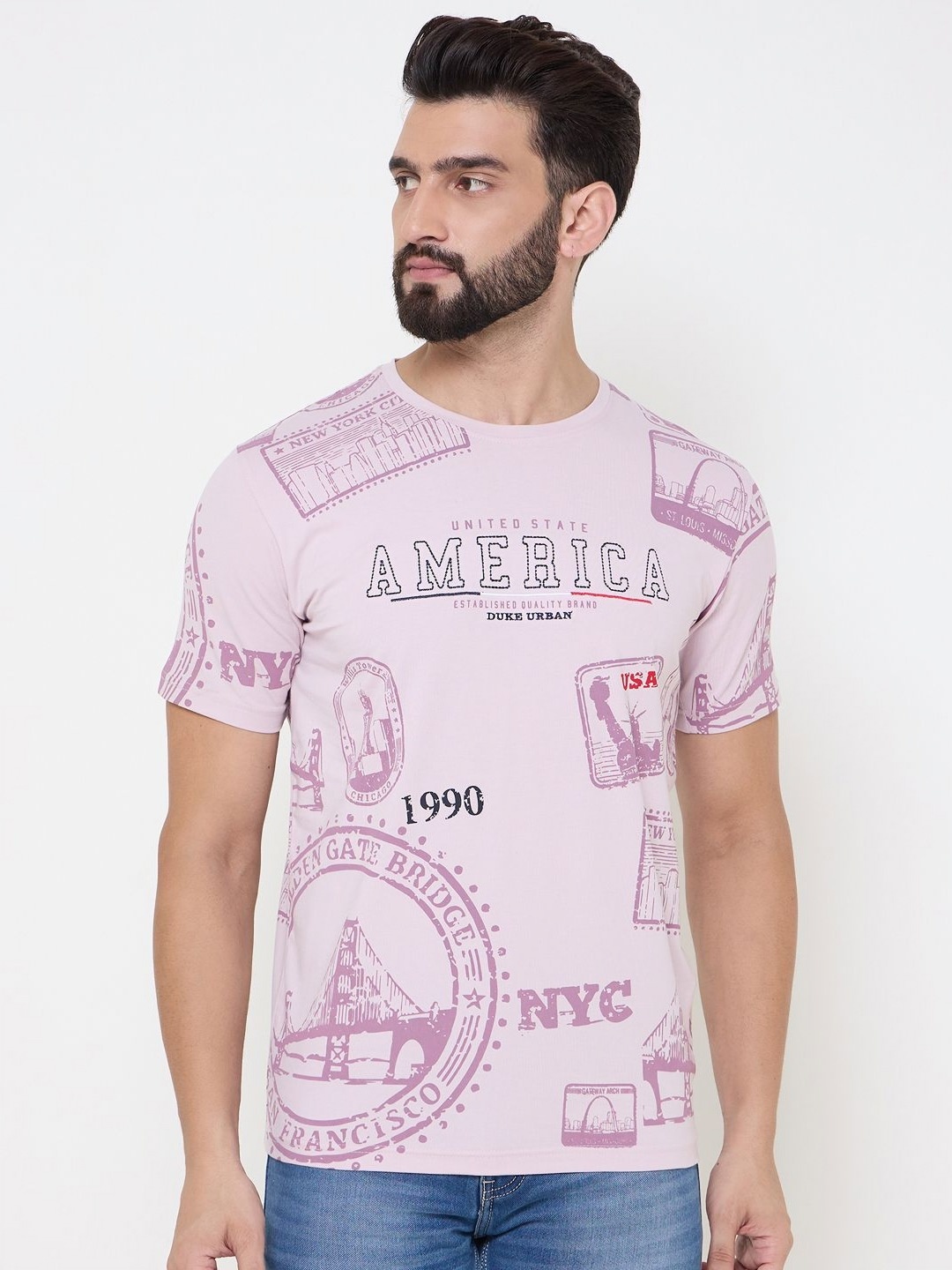 

Duke Men Typography Printed Round Neck Cotton T-shirt, Lavender