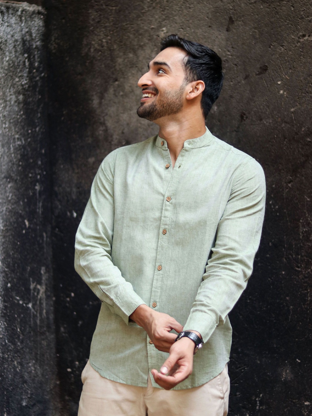 

Earthy Route Men Comfort Band Collar Solid Casual Shirt, Green