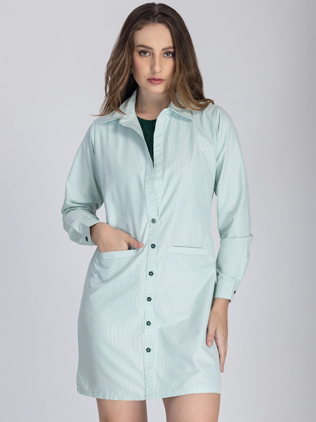 

DESIGNS BY QUEEN BEE Striped Shirt Dress, Green