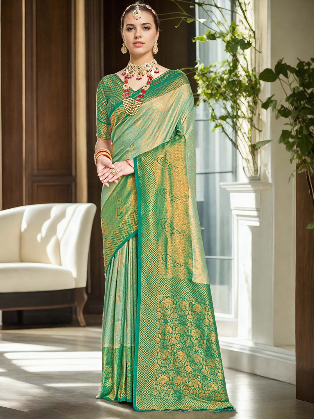

Anouk Woven Design Zari Banarasi Saree, Green