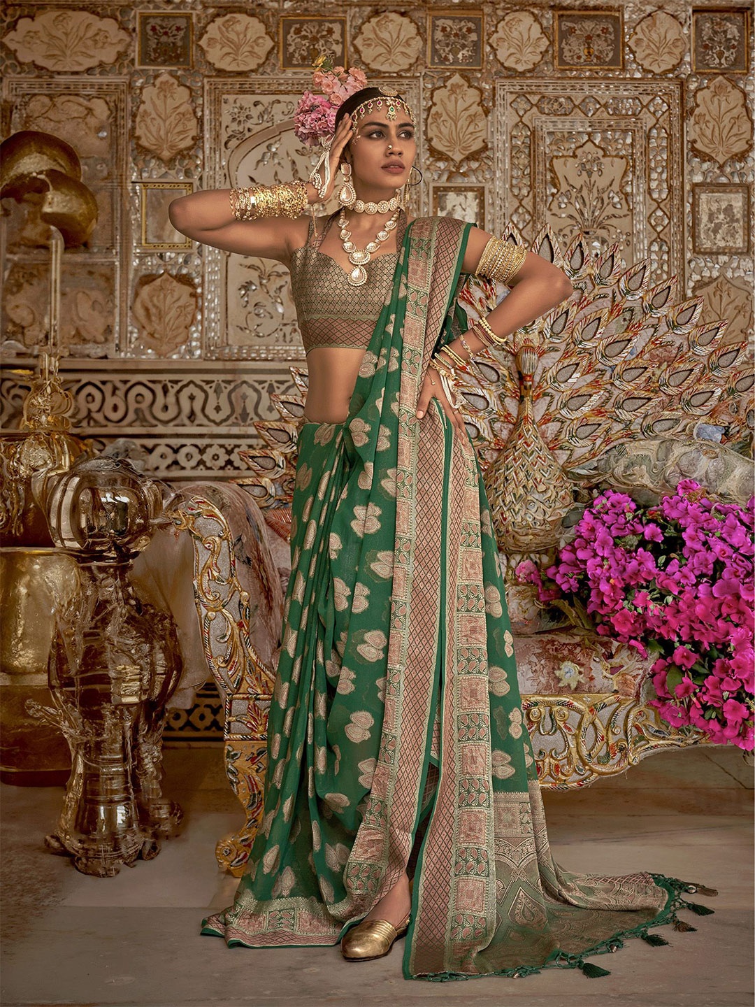 

elora Woven Design Zardozi Pure Georgette Banarasi Saree, Green