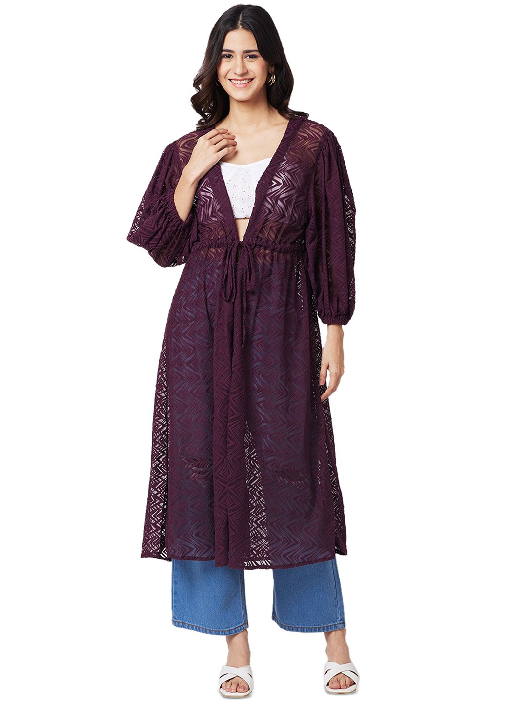 

IZEL Longline Tie-Up Shrug, Purple