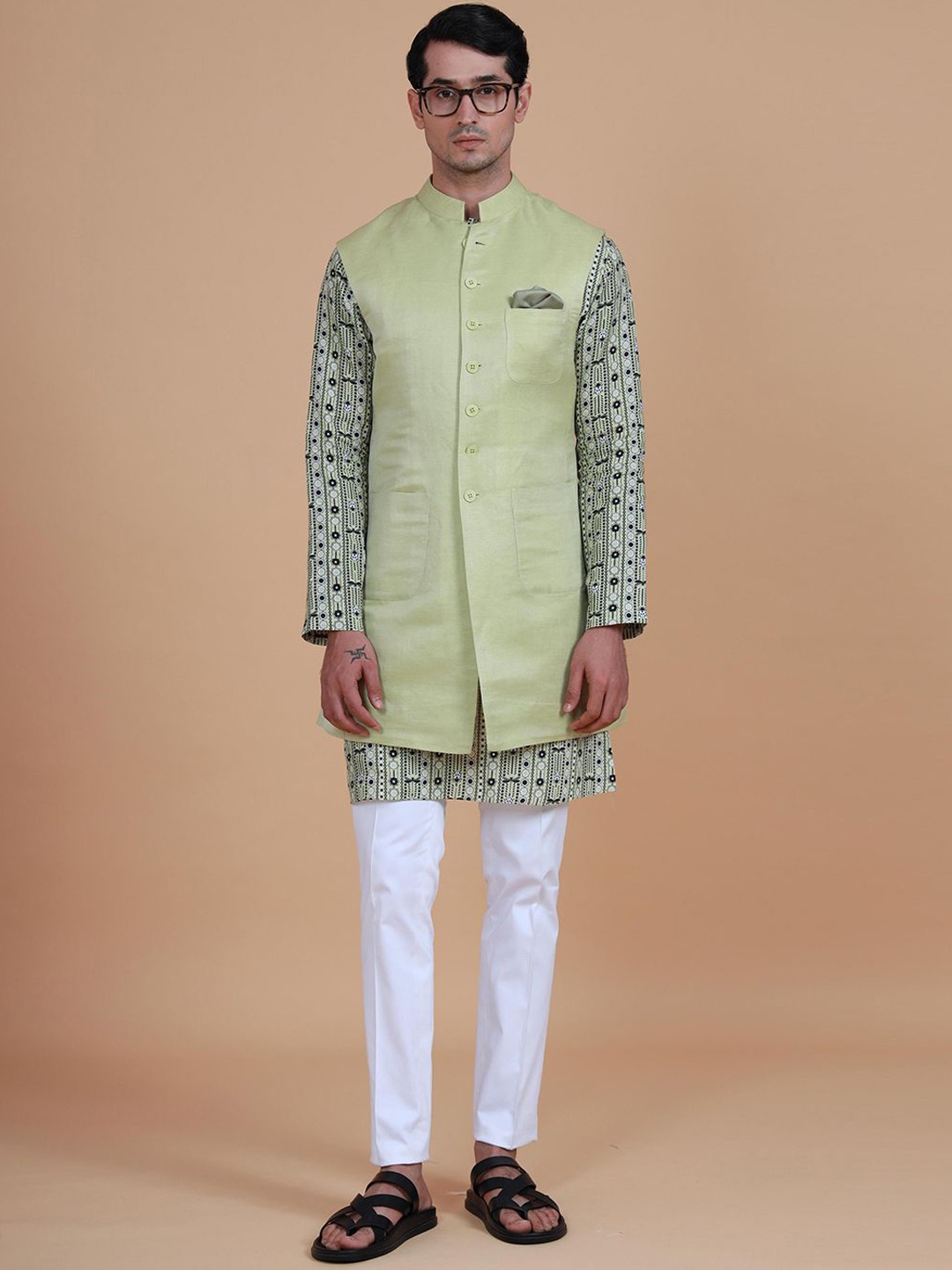 

RR Blue Band Collar Long Nehru Jacket, Green